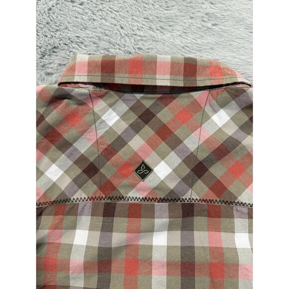 Prana Shirt Mens XL Red Brown White Plaid Slim Fit Polyester Button Up Outdoor - Picture 7 of 13